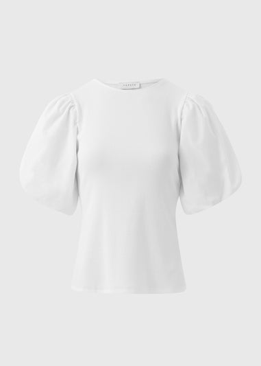 White Puff Sleeve Ribbed Top