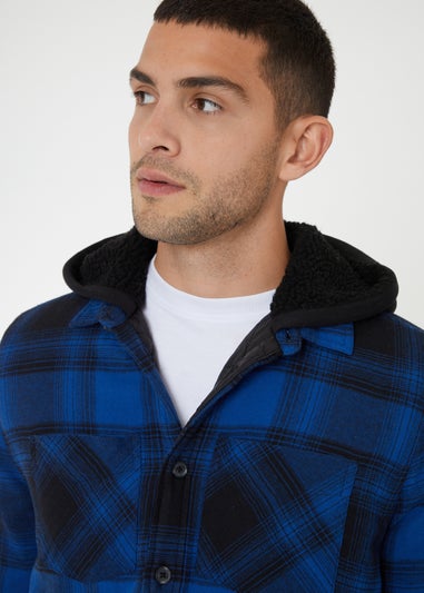 Threadbare Navy Check Shacket with Borg-Lined Hood