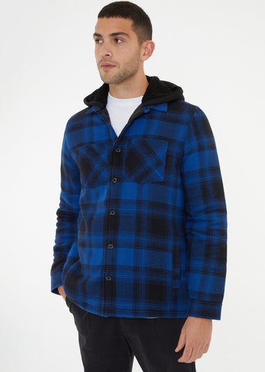 Threadbare Navy Check Shacket with Borg-Lined Hood