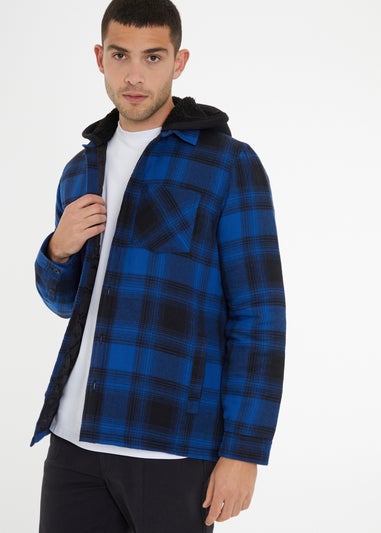 Threadbare Navy Check Shacket with Borg-Lined Hood