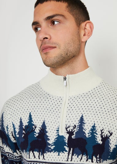 Threadbare Navy Fairisle Cable Knit Quarter Zip Christmas Jumper