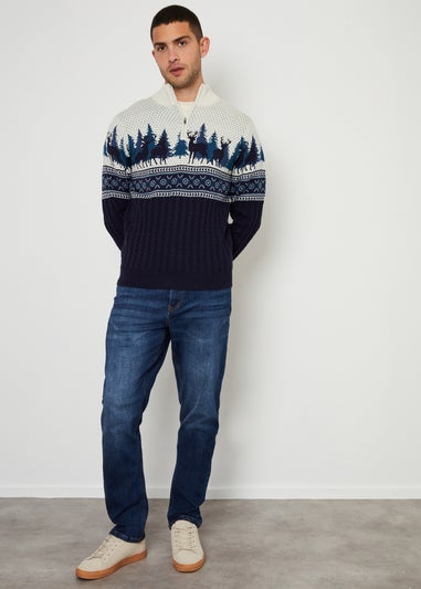 Threadbare Navy Fairisle Cable Knit Quarter Zip Christmas Jumper