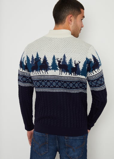 Threadbare Navy Fairisle Cable Knit Quarter Zip Christmas Jumper