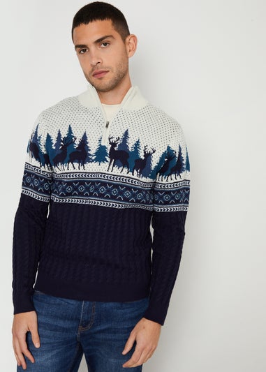 Threadbare Navy Fairisle Cable Knit Quarter Zip Christmas Jumper