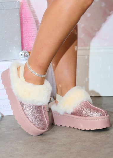 Love Lemonade Pink Sparkly Glitter Snugg Platform Slippers