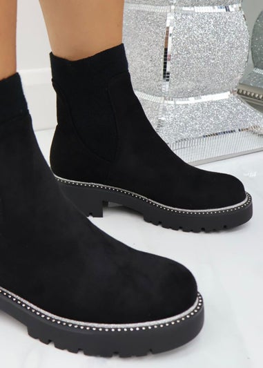 Love Lemonade Black Sparkly Glitter Trim Suede Stretch Boots