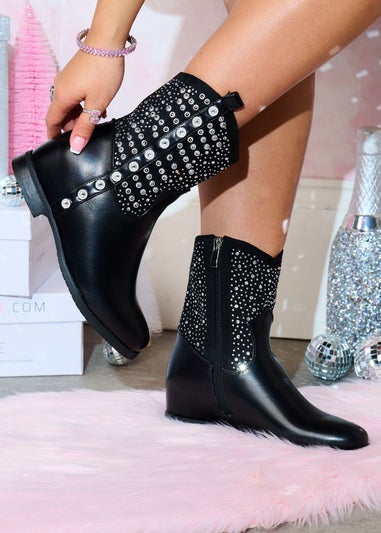 Love Lemonade Black Crystal Embellished Rhinestone Boots