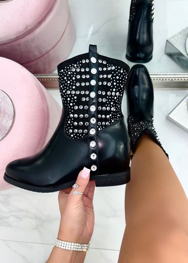 Love Lemonade Black Crystal Embellished Rhinestone Boots