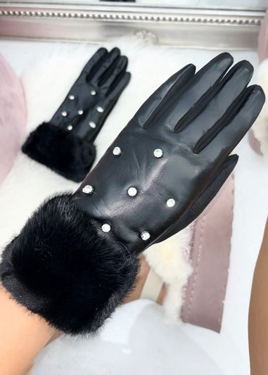 Love Lemonade Black Crystal Sparkly Faux Leather Gloves