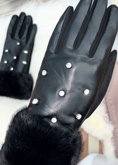 Love Lemonade Black Crystal Sparkly Faux Leather Gloves