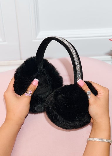 Love Lemonade Black Sparkly Crystal Fluffy Faux Fur Ear Muffs