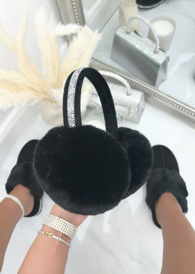 Love Lemonade Black Sparkly Crystal Fluffy Faux Fur Ear Muffs