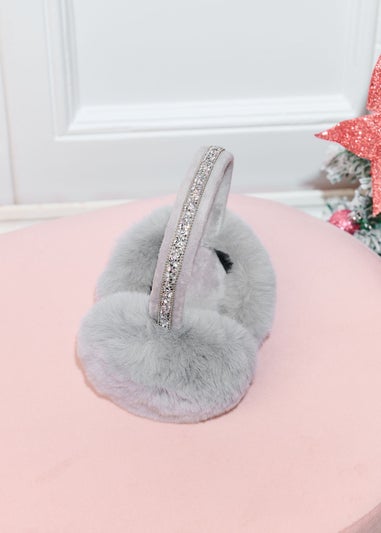 Love Lemonade Grey Sparkly Crystal Fluffy Faux Fur Ear Muffs