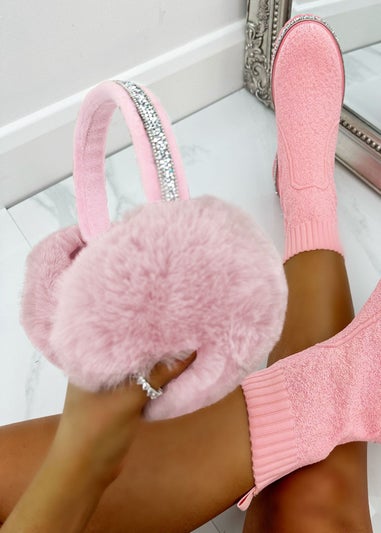 Love Lemonade Pale Pink Sparkly Crystal Fluffy Faux Fur Ear Muffs