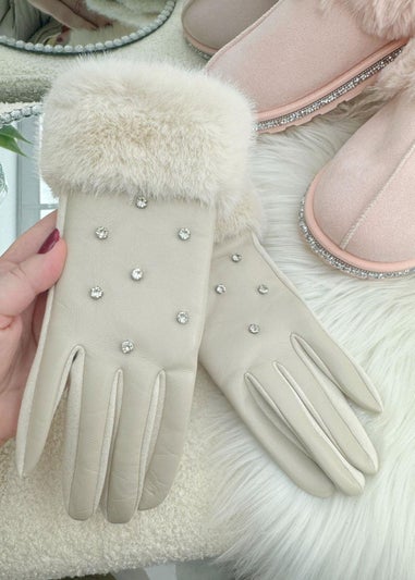 Love Lemonade Beige Crystal Sparkly Faux Leather Gloves