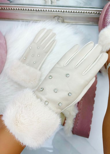 Love Lemonade Beige Crystal Sparkly Faux Leather Gloves