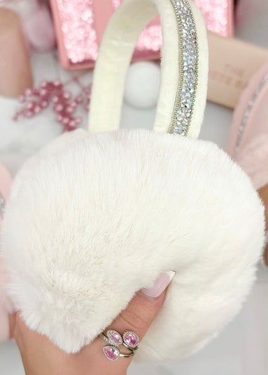 Love Lemonade Cream Sparkly Crystal Fluffy Faux Fur Ear Muffs