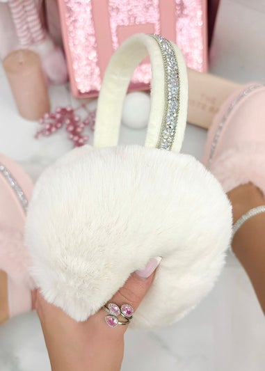 Love Lemonade Cream Sparkly Crystal Fluffy Faux Fur Ear Muffs