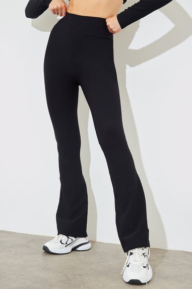 In The Style Petite Black High Waist Kick Flare Rib Trouser