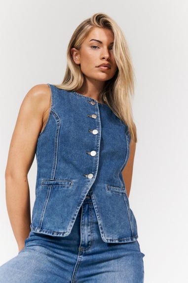 In The Style Midblue Denim Crew Neck Waistcoat