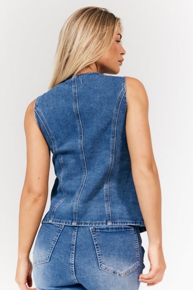 In The Style Midblue Denim Crew Neck Waistcoat