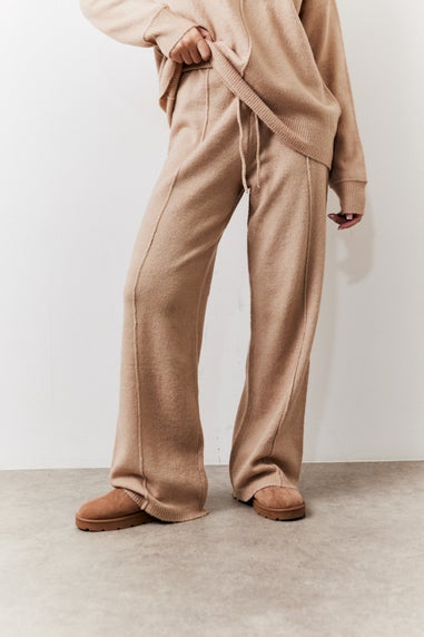 In The Style Petite Beige Seam Front Knit Co-Ord Wide Leg Trousers