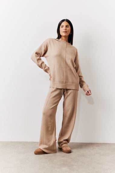 In The Style Petite Beige Seam Front Knit Co-Ord Wide Leg Trousers