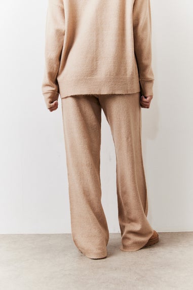 In The Style Beige Seam Front Knit Co-Ord Wide Leg Trousers