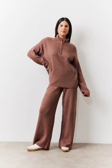 In The Style Mocha Quarter Zip Knit Co-Ord Jumper