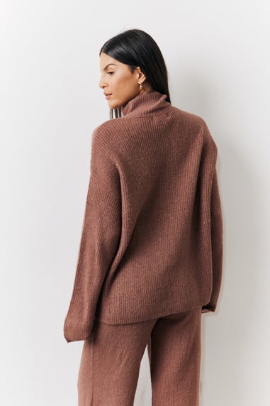 In The Style Mocha Quarter Zip Knit Co-Ord Jumper