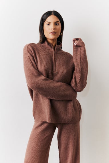 In The Style Mocha Quarter Zip Knit Co-Ord Jumper