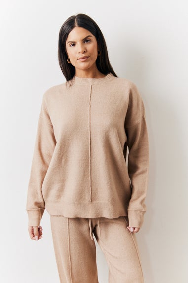 In The Style Oatmeal Seam Front Crew Neck Knit Co-Ord Jumper