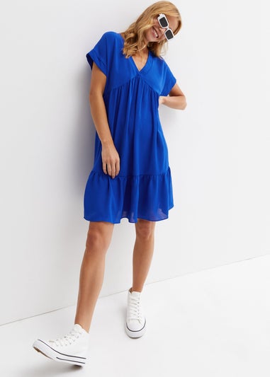 Gini London Cobalt Blue V-Neck Tiered Mini Smock Dress