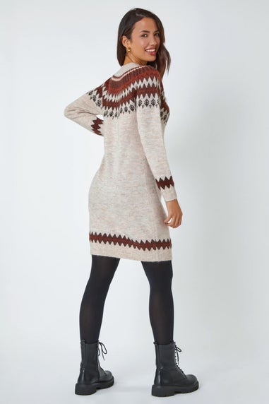 Roman Beige Soft Knit Fairisle Jumper Dress