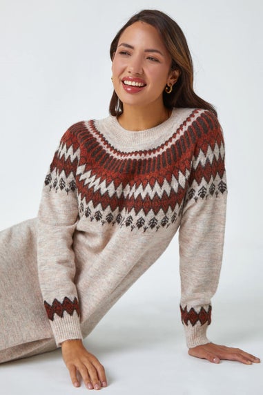 Roman Beige Soft Knit Fairisle Jumper Dress