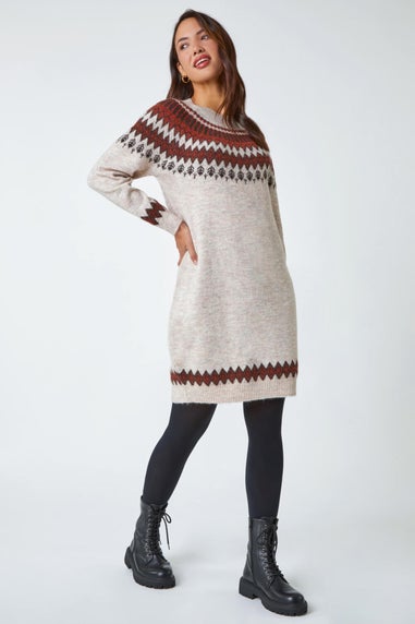 Roman Beige Soft Knit Fairisle Jumper Dress