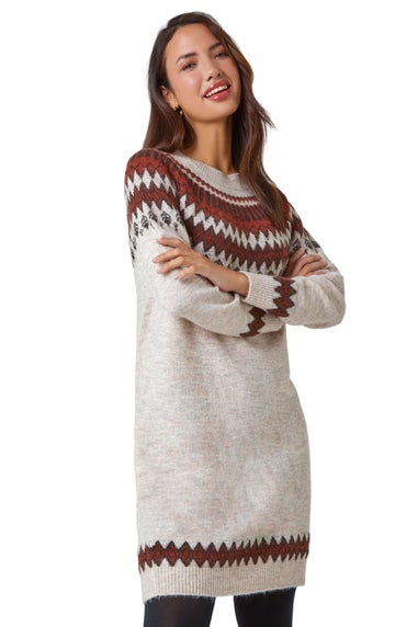 Roman Beige Soft Knit Fairisle Jumper Dress