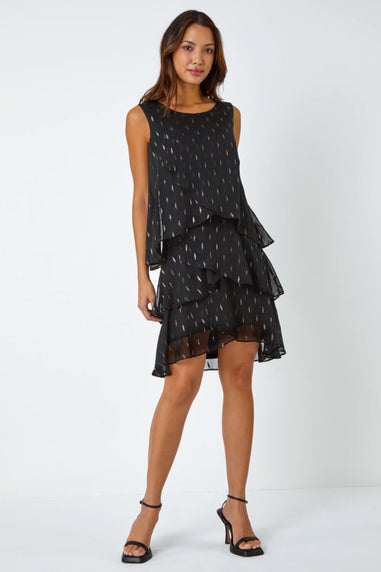 Roman Black Shimmer Foil Print Tiered Dress