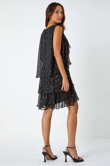 Roman Black Shimmer Foil Print Tiered Dress