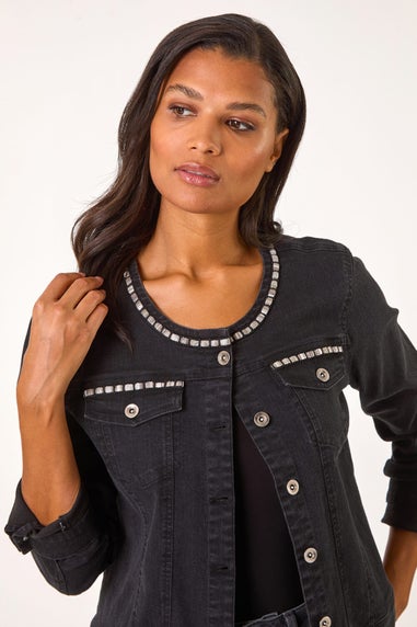 Roman Black Collarless Tape Stretch Denim Jacket