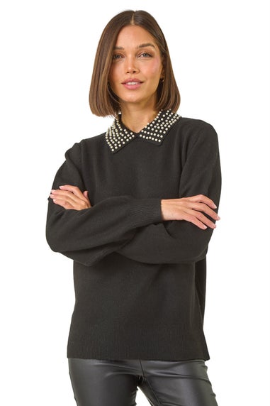 Roman Black Faux Pearl Collar Jumper