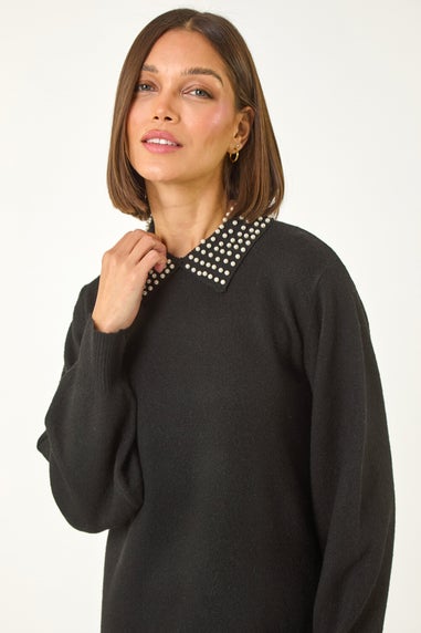 Roman Black Faux Pearl Collar Jumper