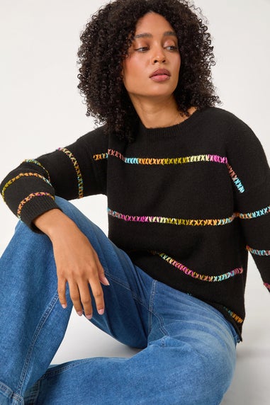 Roman Black Shimmer Stripe Detail Knit Jumper