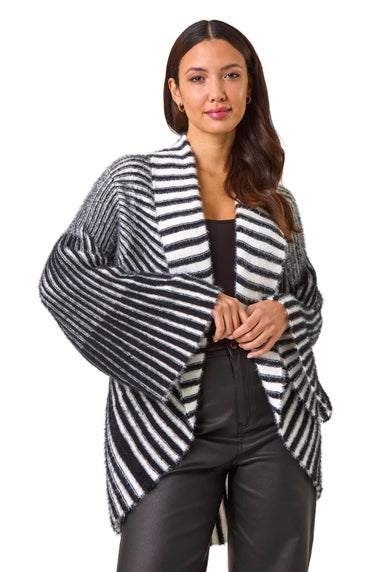 Roman Black Shawl Fluffy Striped Knit Cardigan