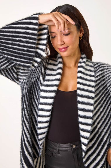 Roman Black Shawl Fluffy Striped Knit Cardigan