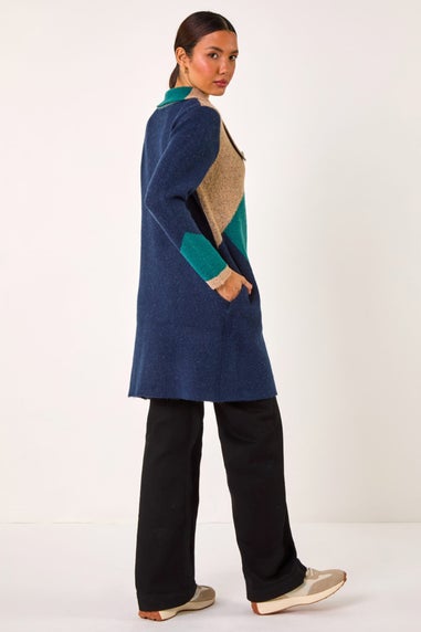 Roman Teal Colour Block Button Collar Knit Cardigan