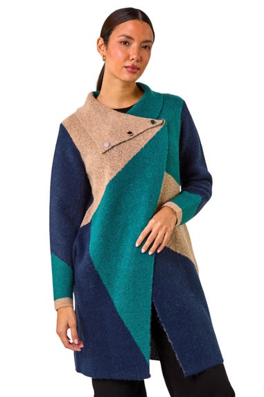 Roman Teal Colour Block Button Collar Knit Cardigan