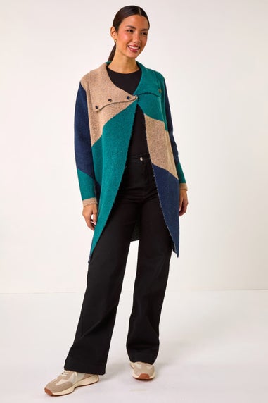 Roman Teal Colour Block Button Collar Knit Cardigan