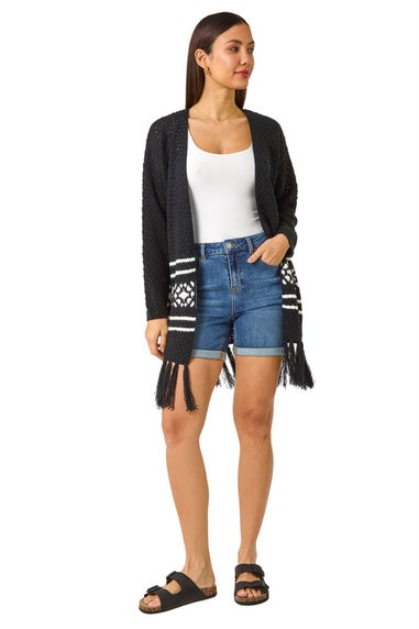 Roman Black Jacquard Fringe Hem Knit Cardigan