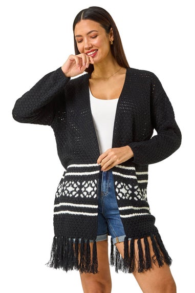 Roman Black Jacquard Fringe Hem Knit Cardigan